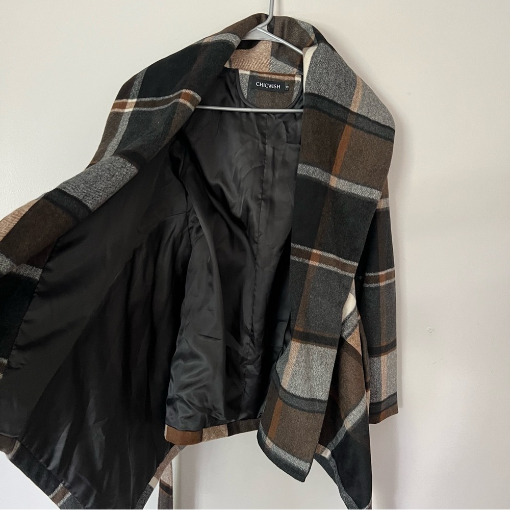 Chicwish Wool Plaid Wrap Coat Pockets Praire Check Rabato Small Chic Academia L - Picture 8 of 10